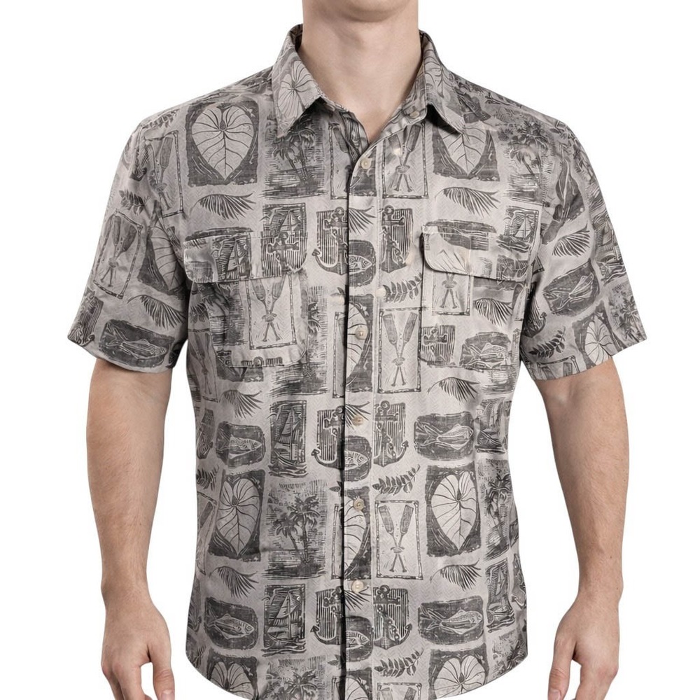 Chaps Hawaiian Aloha Shirt‎ Large Nautical Floral Fish Anchors Oars Boats Brown